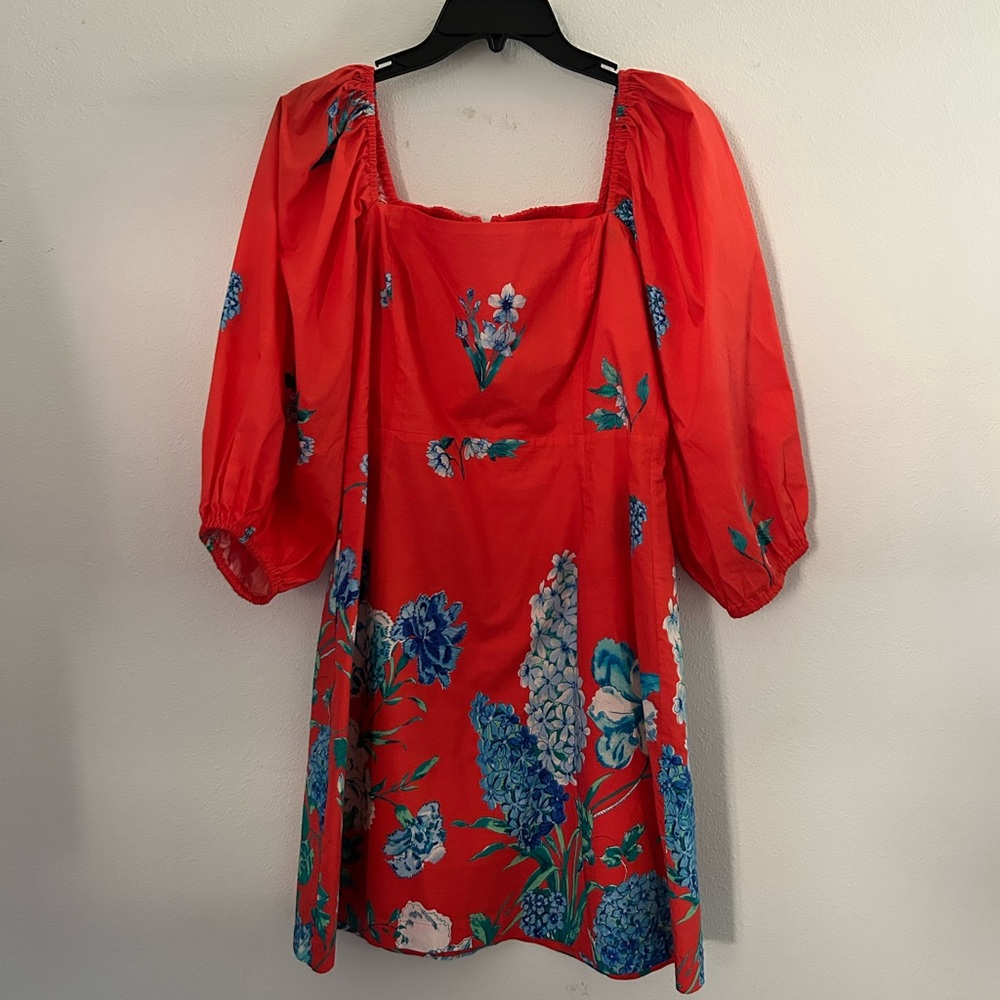 Cara Cara Orange Floral Puff-Sleeve Midi Dress with Blue Print